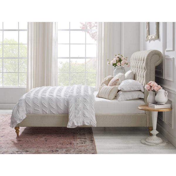 Homeroots Beige Solid Wood Queen Tufted Upholstered Linen Bed With Nailhead Trim Beige Linen 544881