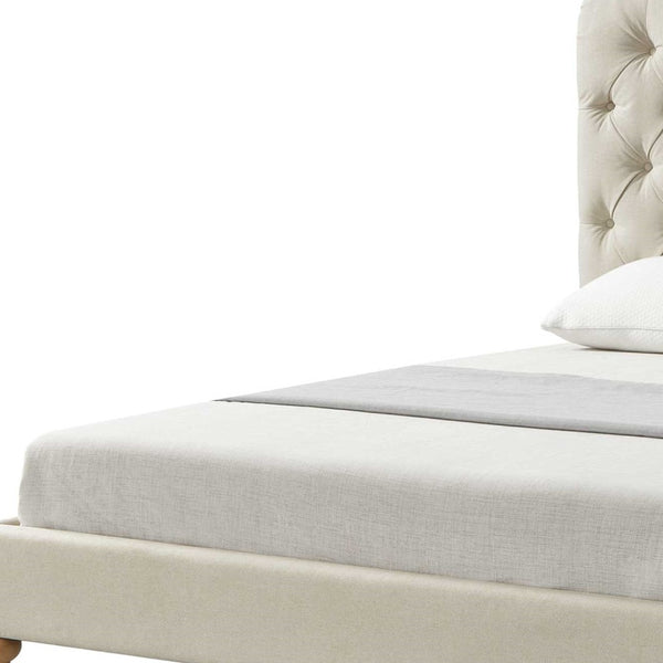 Homeroots Beige Solid Wood Queen Tufted Upholstered Linen Bed With Nailhead Trim Beige Linen 544881