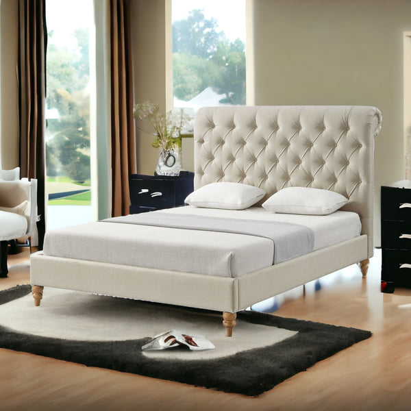 Homeroots Beige Solid Wood Queen Tufted Upholstered Linen Bed With Nailhead Trim Beige Linen 544881