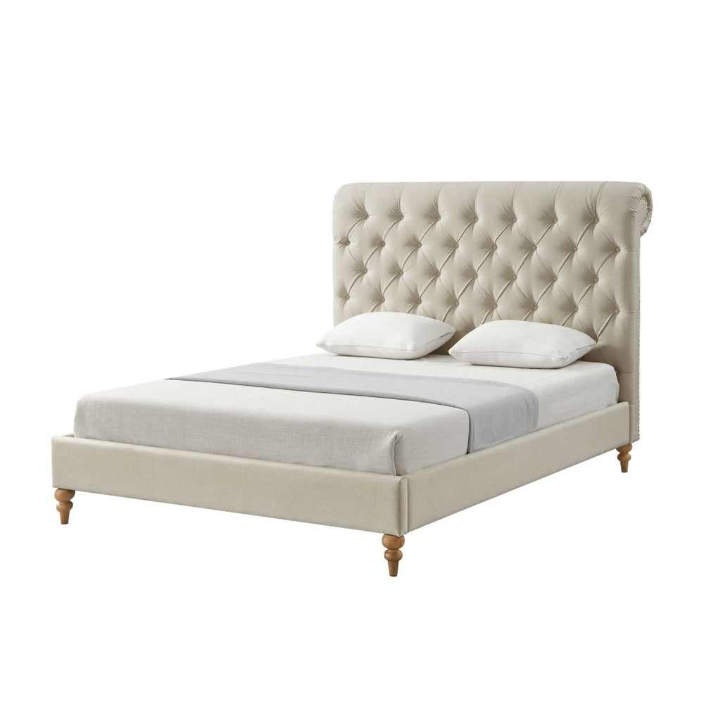 HomeRoots Beige Tufted Linen Upholstered Twin Bed Frame with Nailhead Trim - Stylish Comfort & Durability! 544882