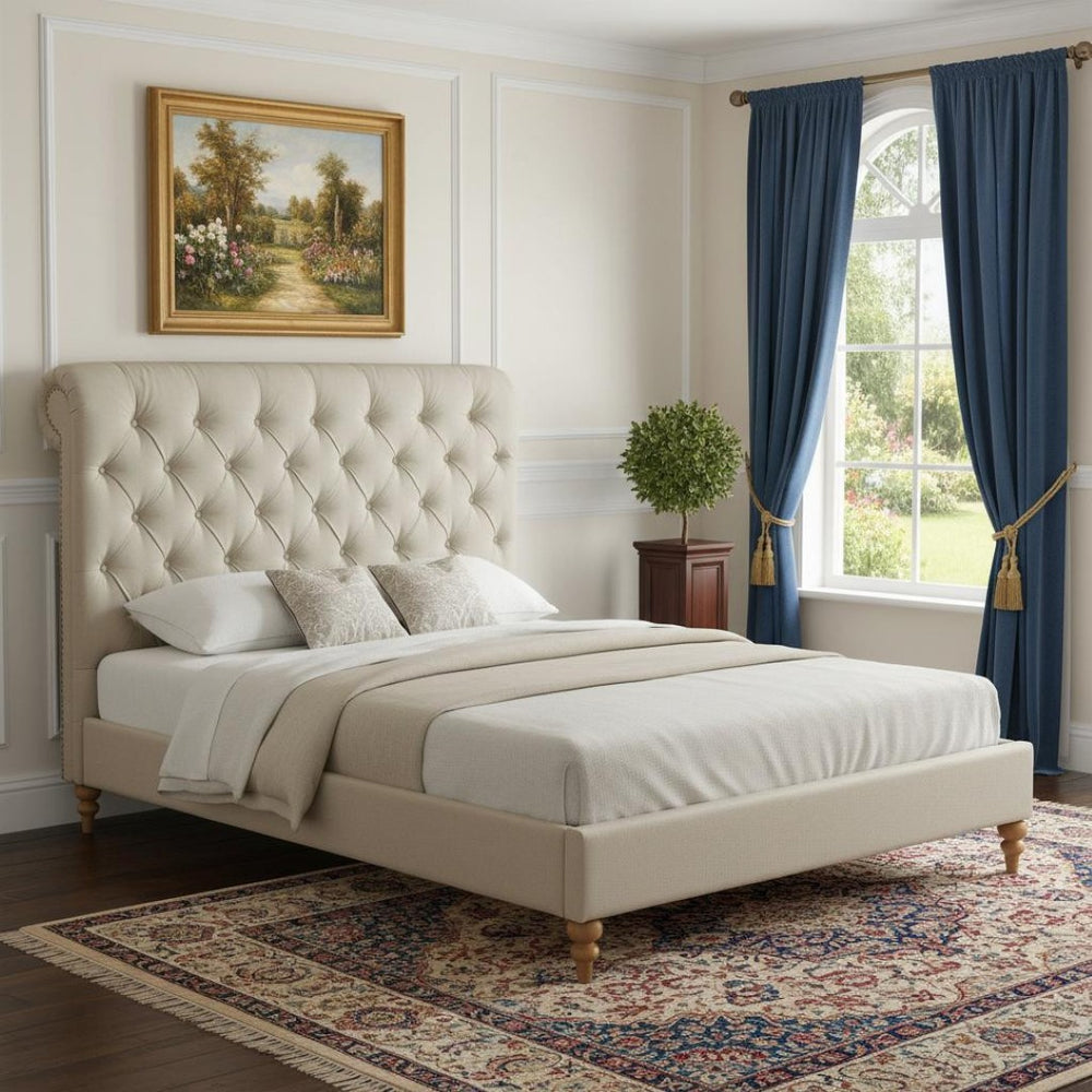 HomeRoots Beige Tufted Linen Upholstered Twin Bed Frame with Nailhead Trim - Stylish Comfort & Durability! 544882