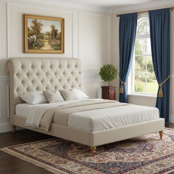 HomeRoots Beige Tufted Linen Upholstered Twin Bed Frame with Nailhead Trim - Stylish Comfort & Durability! 544882