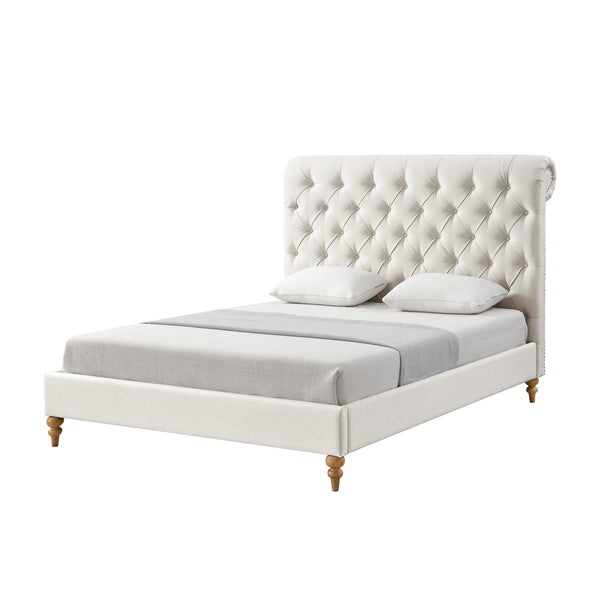 Homeroots Cream Solid Wood King Tufted Upholstered Linen Bed With Nailhead Trim Cream White Linen 544883