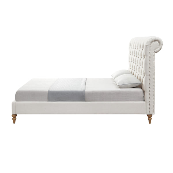 Homeroots Cream Solid Wood King Tufted Upholstered Linen Bed With Nailhead Trim Cream White Linen 544883