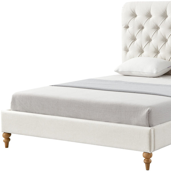 Homeroots Cream Solid Wood King Tufted Upholstered Linen Bed With Nailhead Trim Cream White Linen 544883