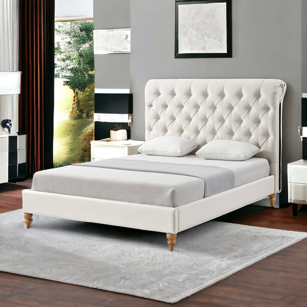 Homeroots Cream Solid Wood King Tufted Upholstered Linen Bed With Nailhead Trim Cream White Linen 544883