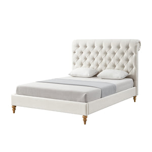 Homeroots Cream Solid Wood Queen Tufted Upholstered Linen Bed With Nailhead Trim Cream White Linen 544884