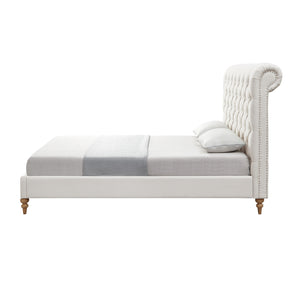 Homeroots Cream Solid Wood Queen Tufted Upholstered Linen Bed With Nailhead Trim Cream White Linen 544884