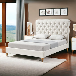 Homeroots Cream Solid Wood Queen Tufted Upholstered Linen Bed With Nailhead Trim Cream White Linen 544884