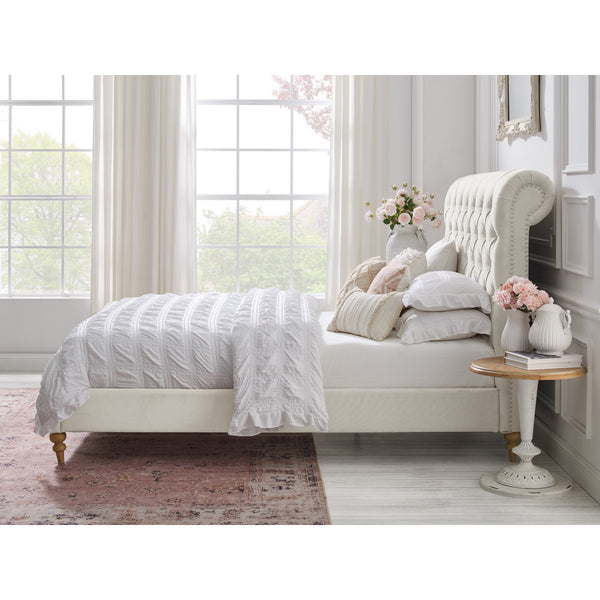 Homeroots Cream Solid Wood Twin Tufted Upholstered Linen Bed With Nailhead Trim Cream White Linen 544885