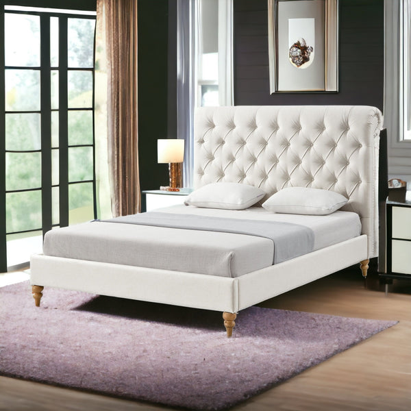 Homeroots Cream Solid Wood Twin Tufted Upholstered Linen Bed With Nailhead Trim Cream White Linen 544885