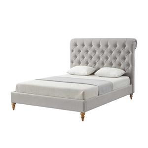 HomeRoots Gray Tufted Linen Upholstered Queen Bed Frame – Stylish Nailhead Trim & Solid Wood Support for Comfort 544886
