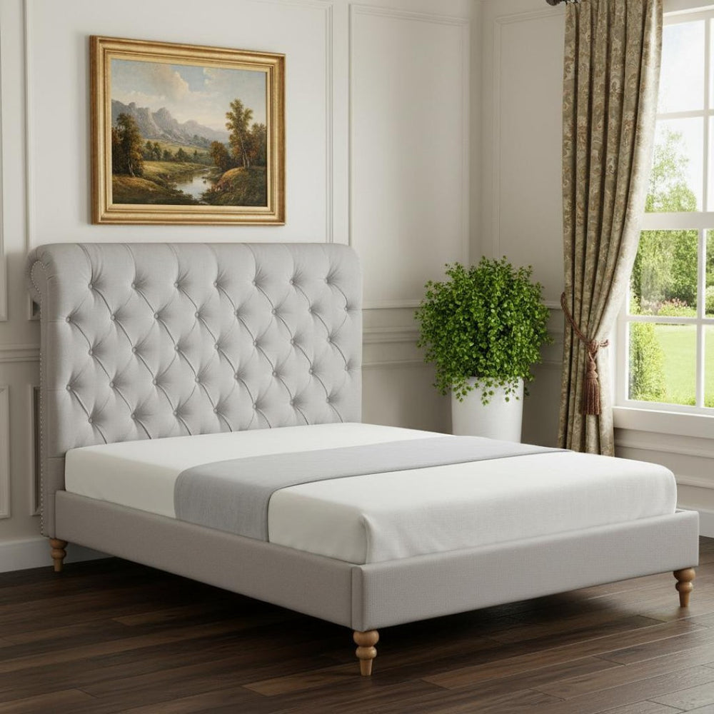 HomeRoots Gray Tufted Linen Upholstered Queen Bed Frame – Stylish Nailhead Trim & Solid Wood Support for Comfort 544886