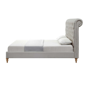 HomeRoots Gray Tufted Linen Upholstered Queen Bed Frame – Stylish Nailhead Trim & Solid Wood Support for Comfort 544886