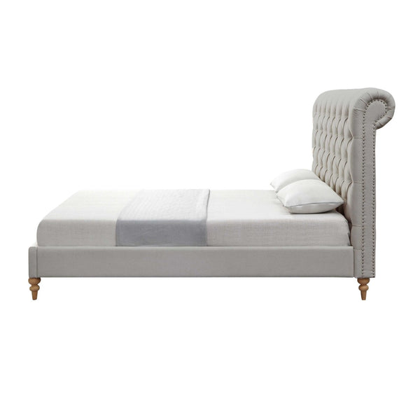 HomeRoots Gray Tufted Linen Upholstered Queen Bed Frame – Stylish Nailhead Trim & Solid Wood Support for Comfort 544886