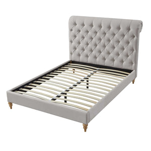 HomeRoots Gray Tufted Linen Upholstered Queen Bed Frame – Stylish Nailhead Trim & Solid Wood Support for Comfort 544886
