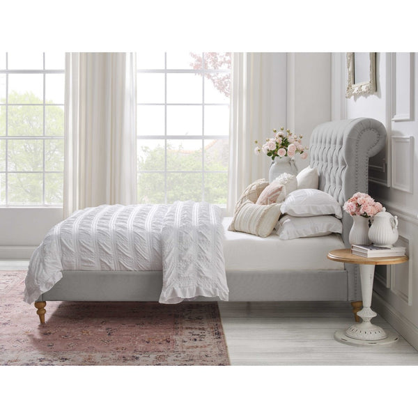 HomeRoots Gray Tufted Linen Upholstered Queen Bed Frame – Stylish Nailhead Trim & Solid Wood Support for Comfort 544886