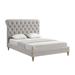 HomeRoots Gray Tufted Linen Upholstered Queen Bed Frame – Stylish Nailhead Trim & Solid Wood Support for Comfort 544886