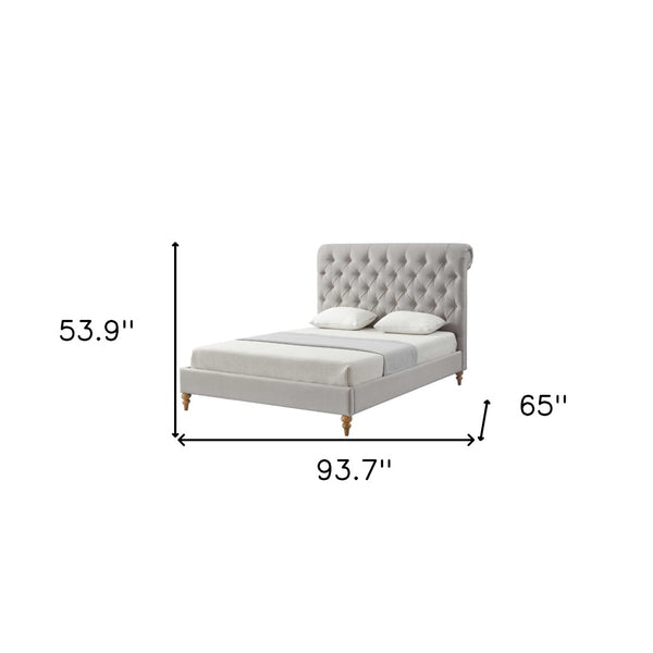 HomeRoots Gray Tufted Linen Upholstered Queen Bed Frame – Stylish Nailhead Trim & Solid Wood Support for Comfort 544886
