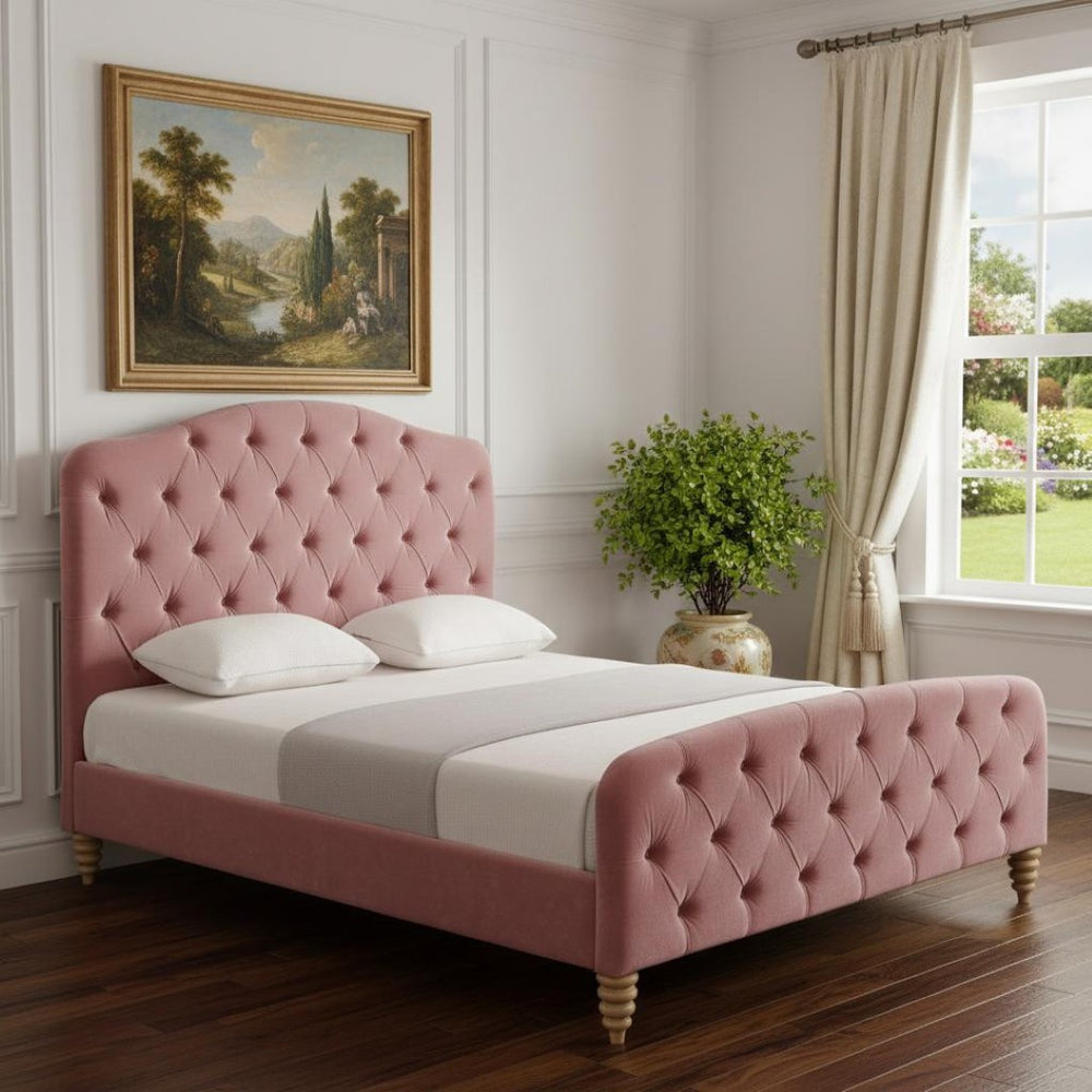 HomeRoots Blush Tufted Velvet Queen Bed Frame - Elegant Upholstered Design for Cozy, Stylish Bedrooms 544889