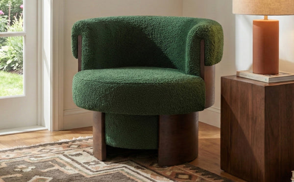 English Elm Modern Sculptural Barrel Swivel Chair Bentwood Frame Polyester Upholstery Accent Seating Green N760P369230C