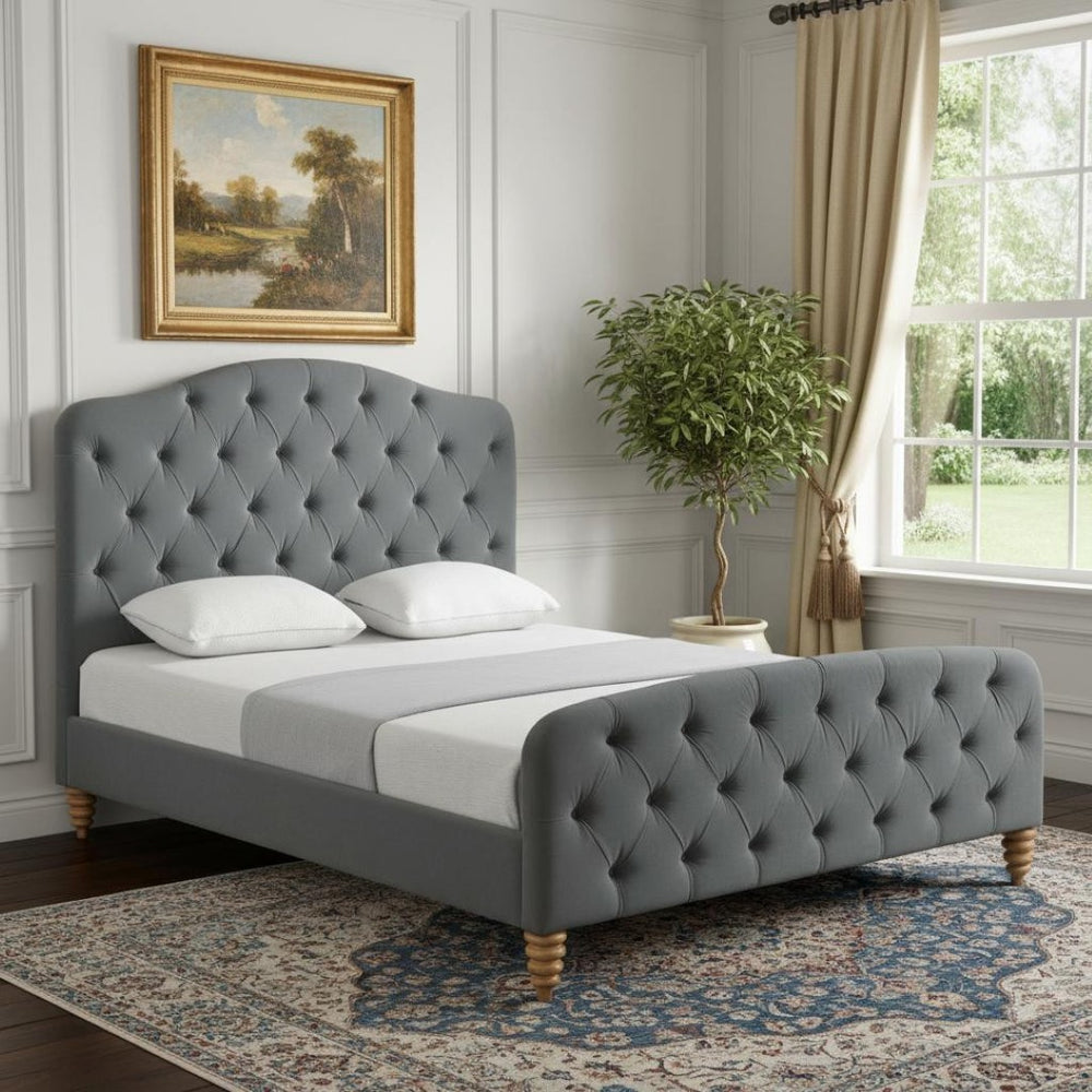 HomeRoots Gray Tufted Velvet Queen Bed Frame - Elegant Upholstered Design with Solid Construction & Comfort 544892