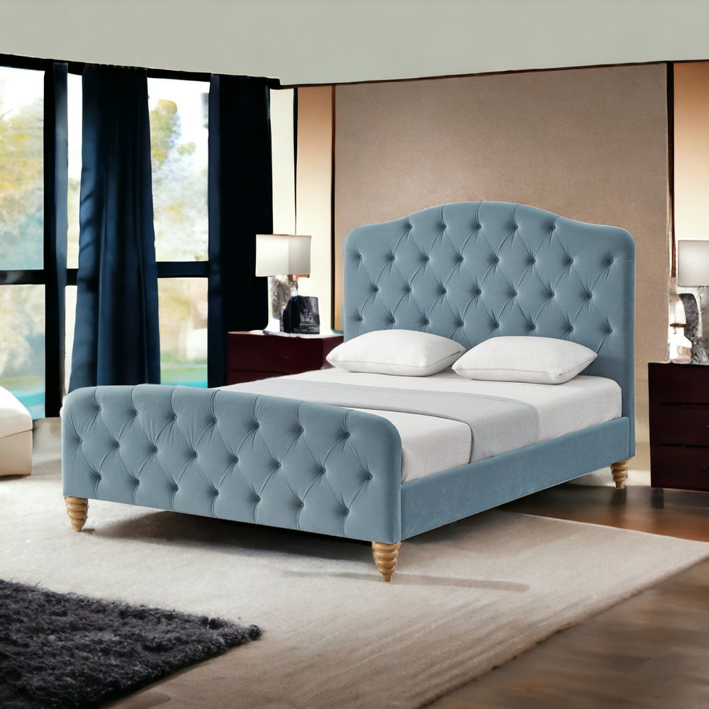 Homeroots Light Blue Solid Wood King Tufted Upholstered Velvet Bed Light Blue Velvet 544894