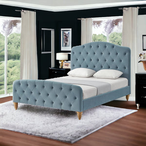 Homeroots Light Blue Solid Wood Queen Tufted Upholstered Velvet Bed Light Blue Velvet 544895