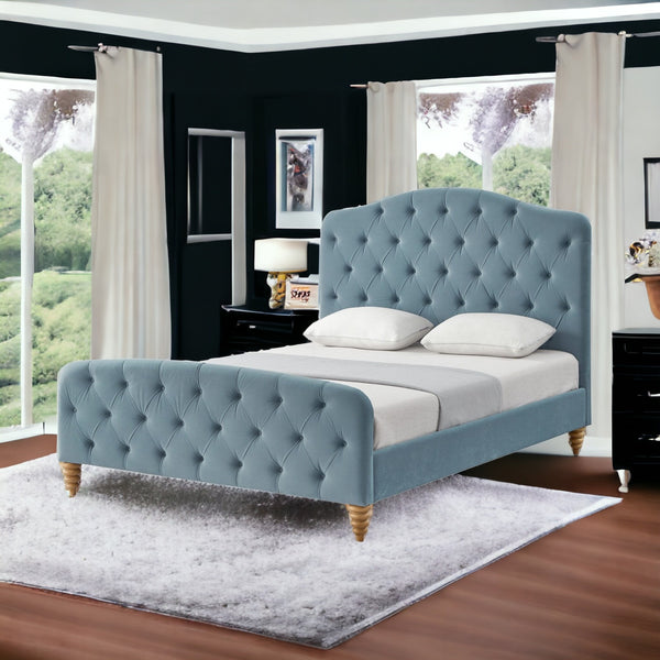 Homeroots Light Blue Solid Wood Queen Tufted Upholstered Velvet Bed Light Blue Velvet 544895