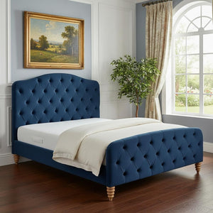 HomeRoots Navy Blue Tufted Velvet Queen Bed Frame - Luxurious Upholstered Design for Ultimate Comfort & Style 544898