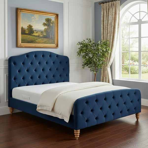 HomeRoots Navy Blue Tufted Velvet Queen Bed Frame - Luxurious Upholstered Design for Ultimate Comfort & Style 544898