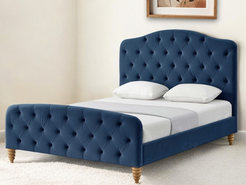 HomeRoots Blush Twin Velvet Upholstered Bed with Button Tufting for Stylish Comfort in Compact Spaces Navy 544899