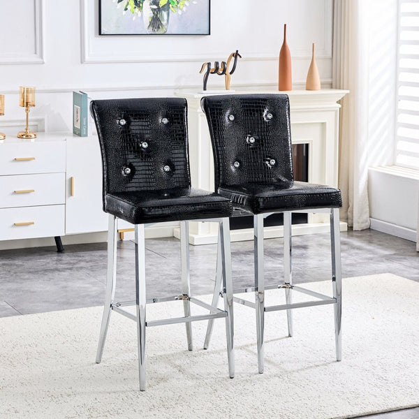 English Elm A Set of 2 Glam Faux Alligator Pvc Barstools with Crystal Buckle Detail W1512P491565