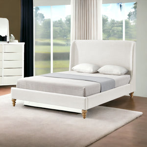 Homeroots Cream Solid Wood Twin Upholstered Linen Bed Cream White Linen 544901