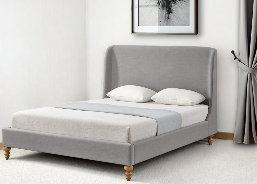 Homeroots Gray Solid Wood Queen Upholstered Linen Bed Grey Linen 544902
