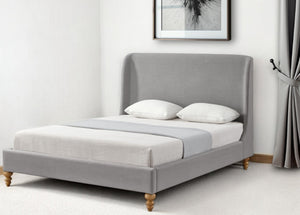 Homeroots Gray Solid Wood Queen Upholstered Linen Bed Grey Linen 544902