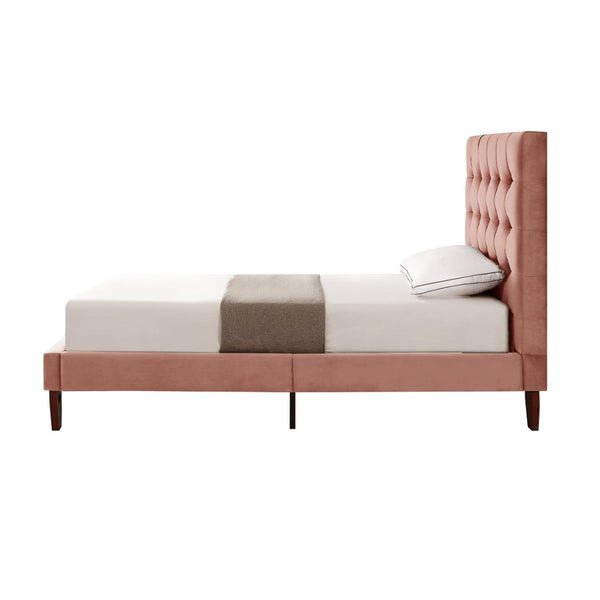 HomeRoots Blush Queen Upholstered Bed with Button-Tufted Headboard and Solid Wood Frame for Stylish Comfort Blush, Velvet 544906