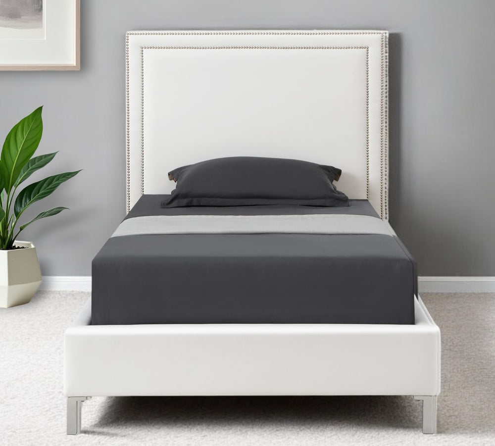 Homeroots White Solid Wood Full Upholstered Faux Leather Bed With Nailhead Trim White,Leather Pu Leather Pu 544911