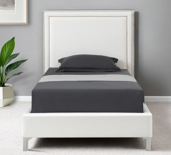 Homeroots White Solid Wood Full Upholstered Faux Leather Bed With Nailhead Trim White,Leather Pu Leather Pu 544911