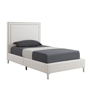 Homeroots White Solid Wood Full Upholstered Faux Leather Bed With Nailhead Trim White,Leather Pu Leather Pu 544911
