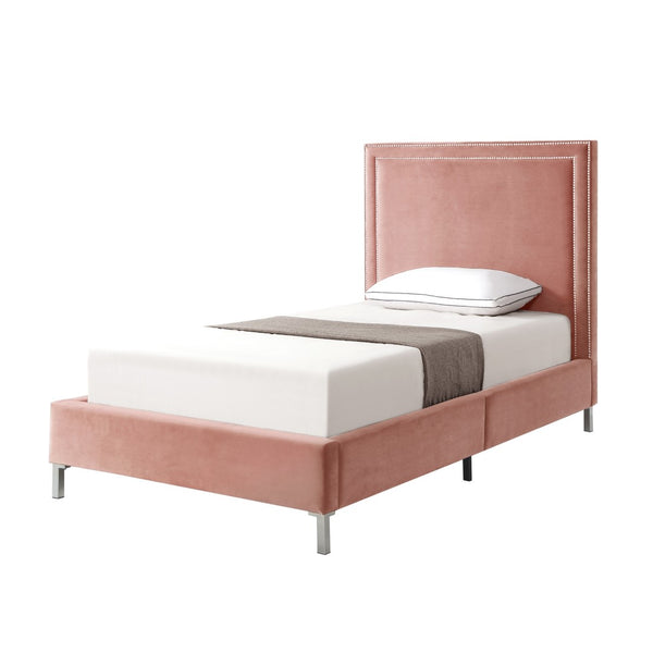 HomeRoots Blush Velvet Upholstered Full Bed Frame - Stylish Platform Design with Nailhead Trim & Comfort Support 544912