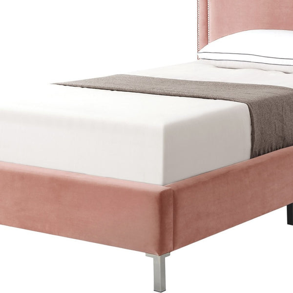 HomeRoots Blush Velvet Upholstered Full Bed Frame - Stylish Platform Design with Nailhead Trim & Comfort Support 544912