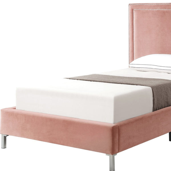 HomeRoots Blush Velvet Upholstered Full Bed Frame - Stylish Platform Design with Nailhead Trim & Comfort Support 544912
