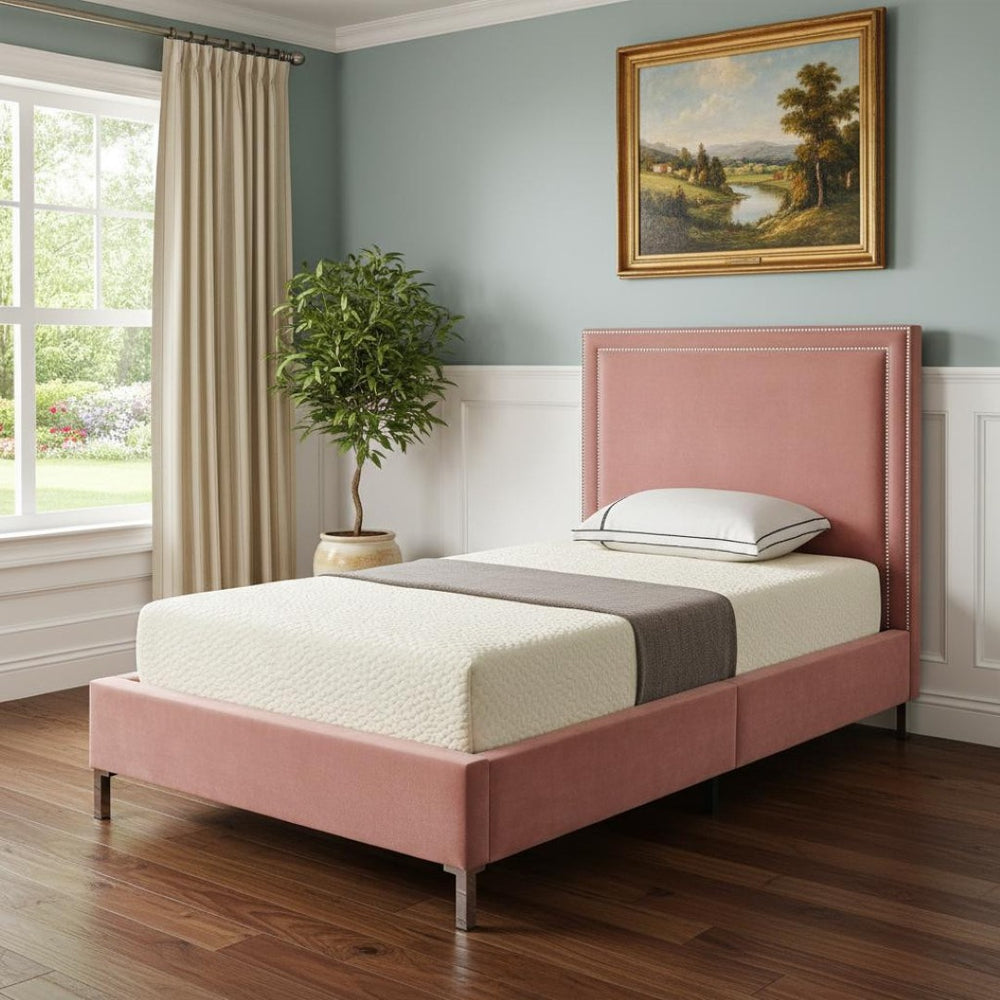 HomeRoots Blush Velvet Upholstered Full Bed Frame - Stylish Platform Design with Nailhead Trim & Comfort Support 544912