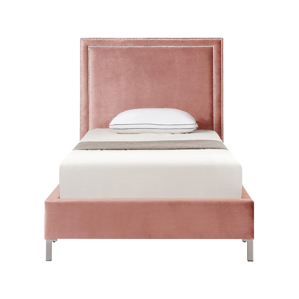 HomeRoots Blush Velvet Upholstered Full Bed Frame - Stylish Platform Design with Nailhead Trim & Comfort Support 544912