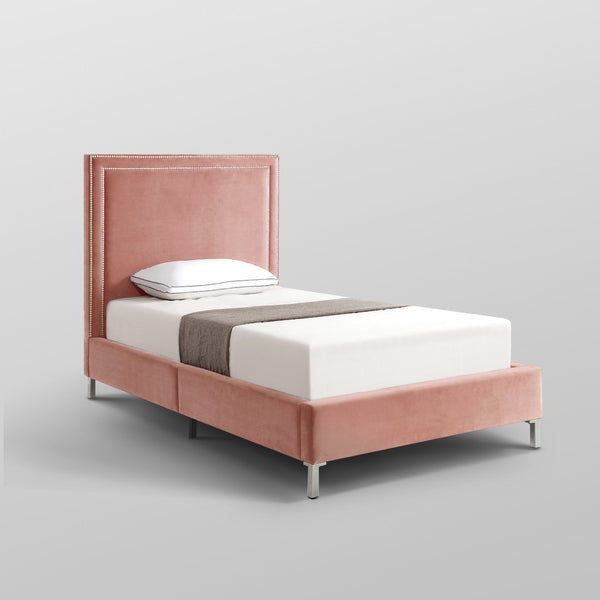 HomeRoots Blush Velvet Upholstered Full Bed Frame - Stylish Platform Design with Nailhead Trim & Comfort Support 544912