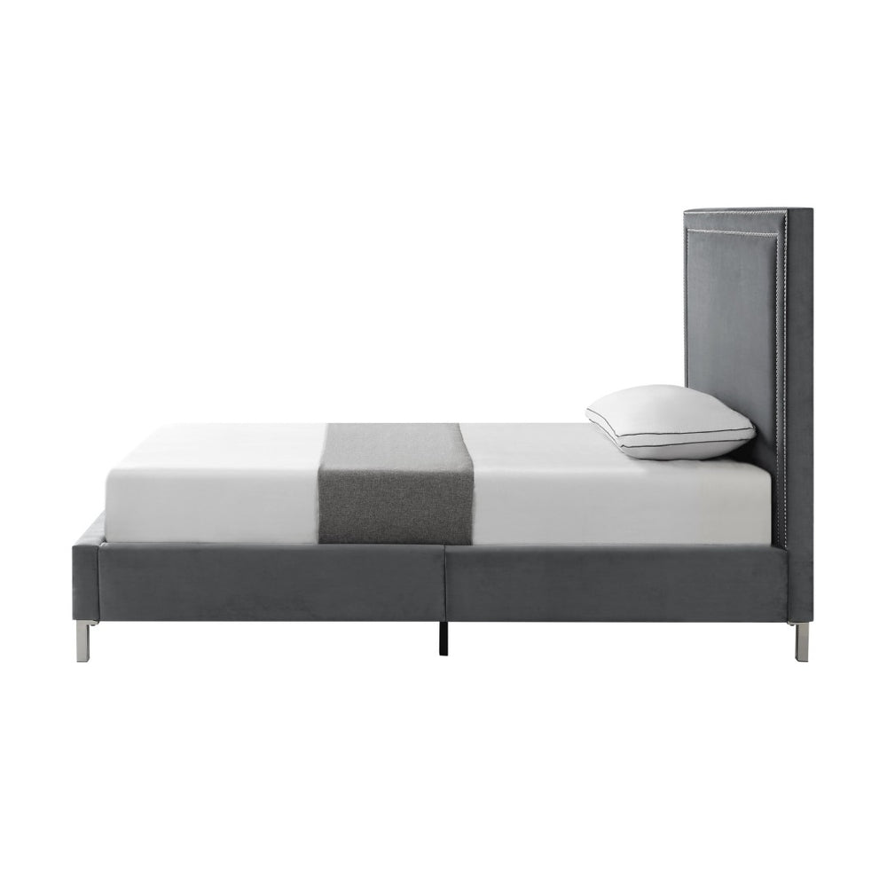 HomeRoots Black Solid Wood Queen Upholstered Bed with Nailhead Trim – Elegant Design for Timeless Comfort Grey, Velvet 544913
