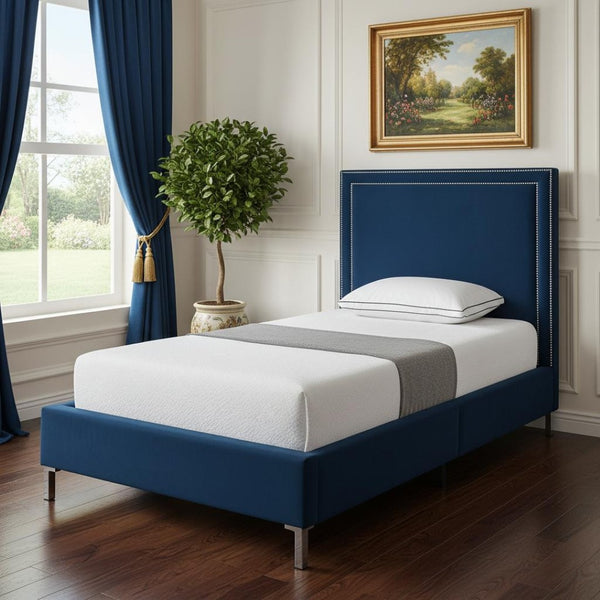 HomeRoots Navy Velvet Upholstered Full Bed Frame with Nailhead Trim – Luxurious Comfort & Stylish Design 544914