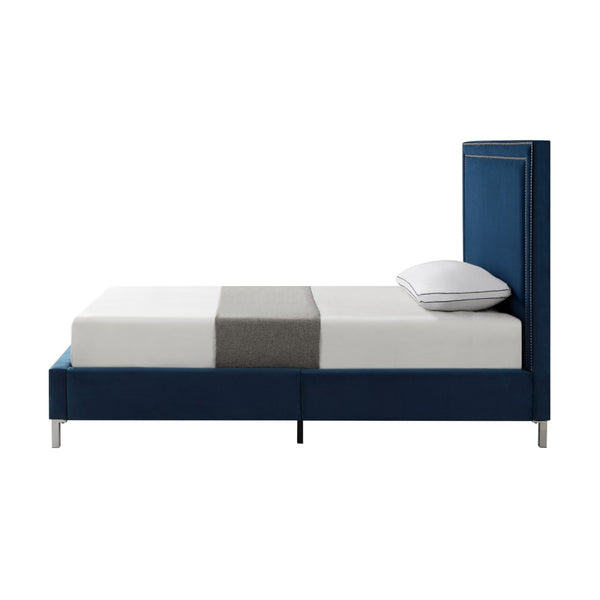 HomeRoots Navy Velvet Upholstered Full Bed Frame with Nailhead Trim – Luxurious Comfort & Stylish Design 544914