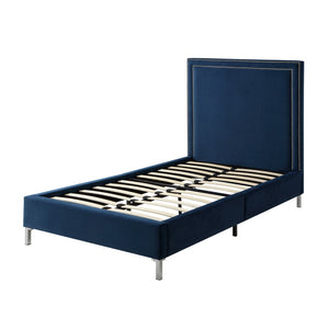 HomeRoots Navy Velvet Upholstered Full Bed Frame with Nailhead Trim – Luxurious Comfort & Stylish Design 544914
